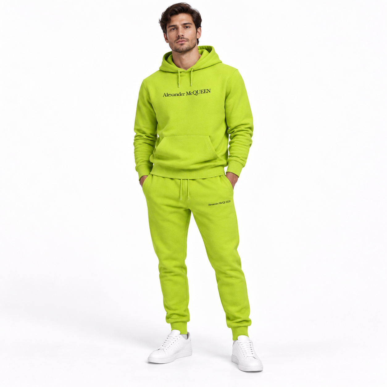 Men's Alexander McQueen Hoodie Joggers Set in Lime Green — lifestyle view