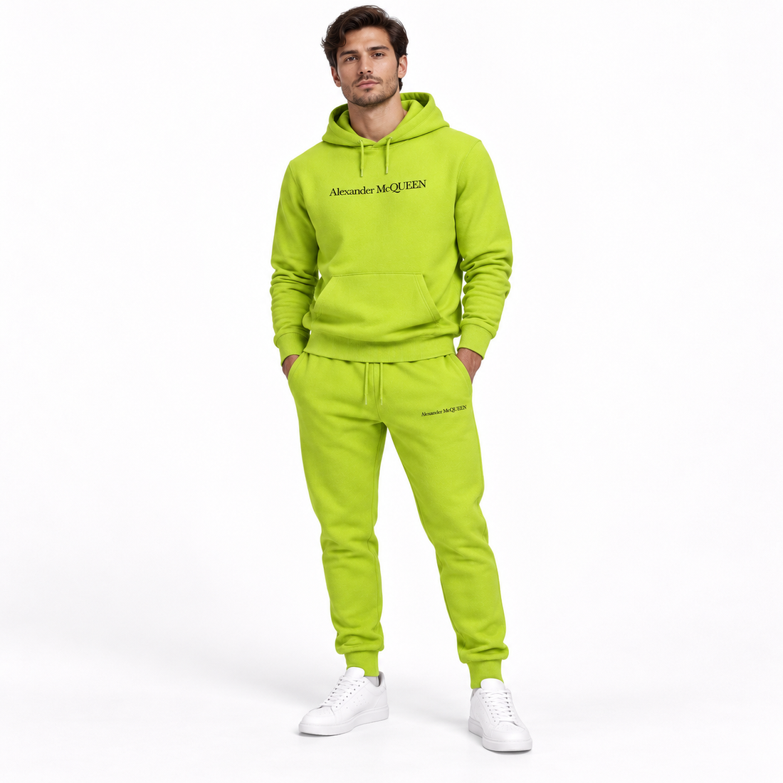 Men's Alexander McQueen Hoodie Joggers Set in Lime Green — lifestyle view