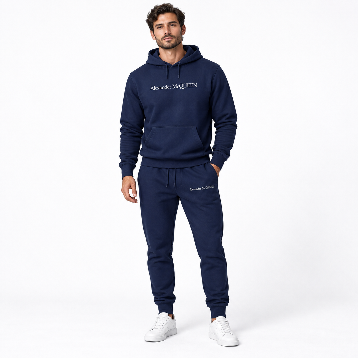 Men's Alexander McQueen Hoodie Joggers Set in Navy — lifestyle view