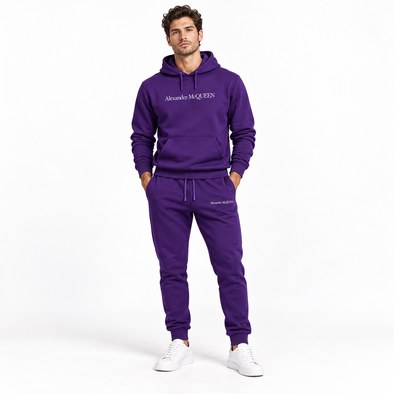 Men's Alexander McQueen Hoodie Joggers Set in Purple — lifestyle view