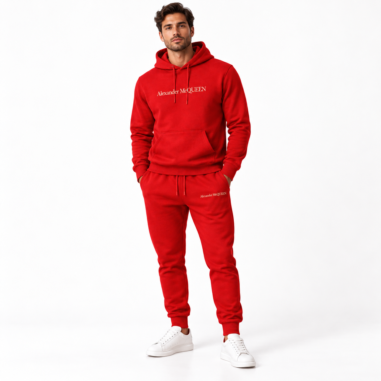 Men's Alexander McQueen Hoodie Joggers Set in Red — lifestyle view