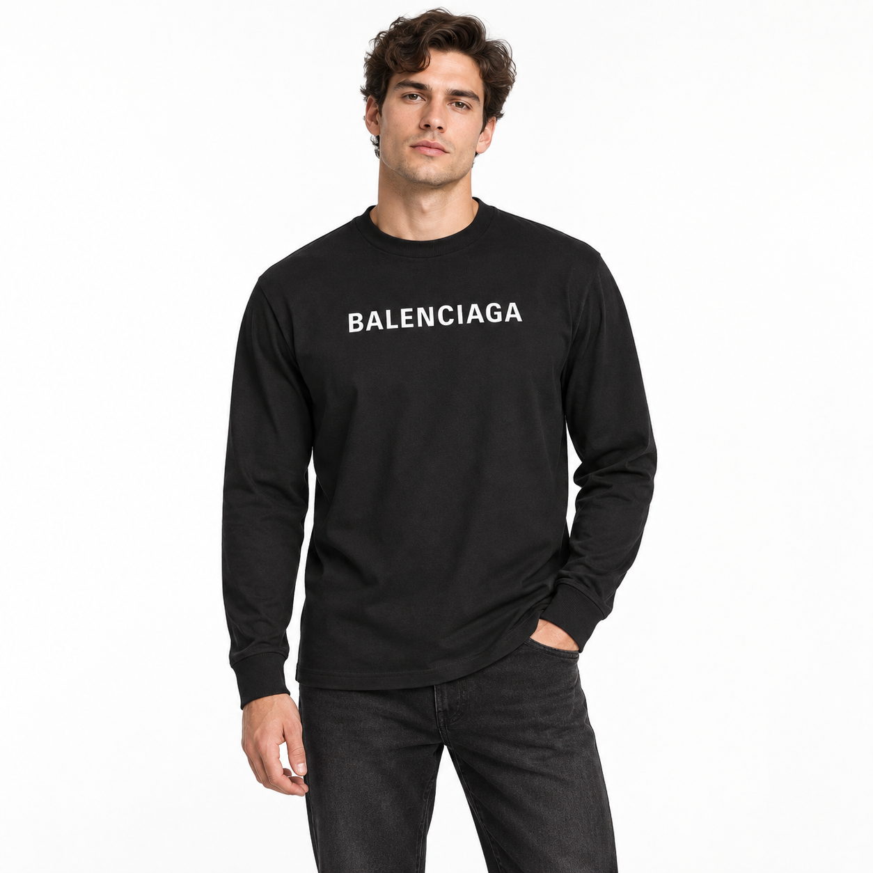 Men's Balenciaga Cotton Long Sleeve T-Shirt in Black — lifestyle view