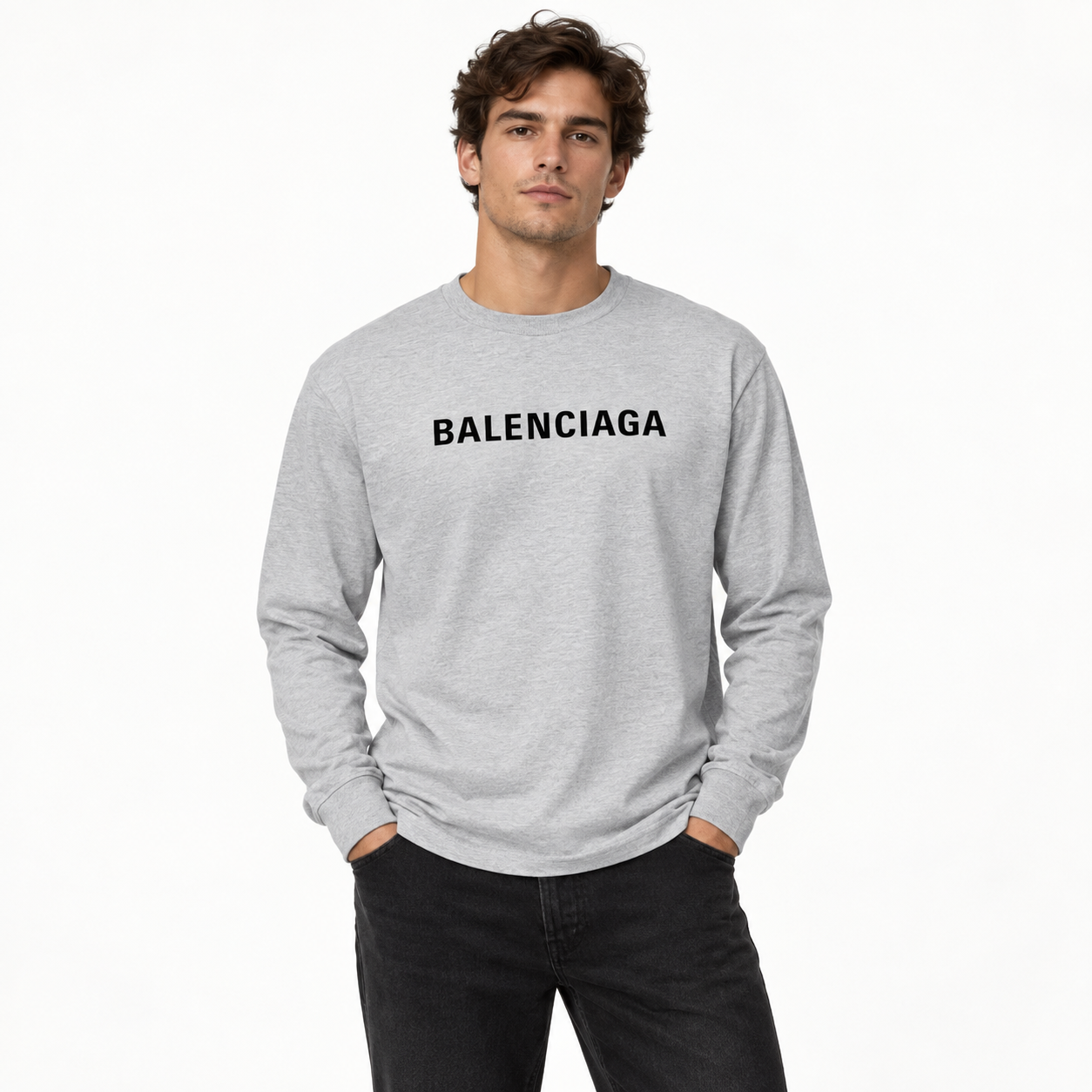 Men's Balenciaga Cotton Long Sleeve T-Shirt in Grey — lifestyle view