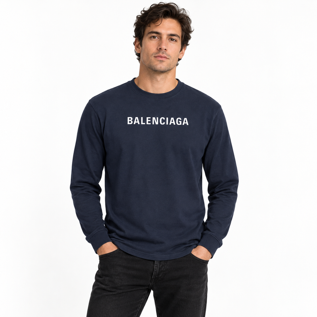 Men's Balenciaga Cotton Long Sleeve T-Shirt in Navy — lifestyle view