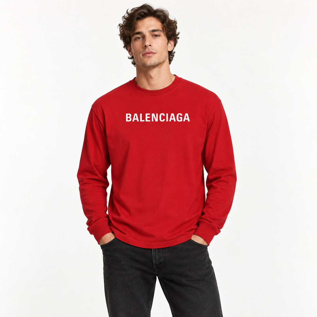 Men's Balenciaga Cotton Long Sleeve T-Shirt in Red — lifestyle view