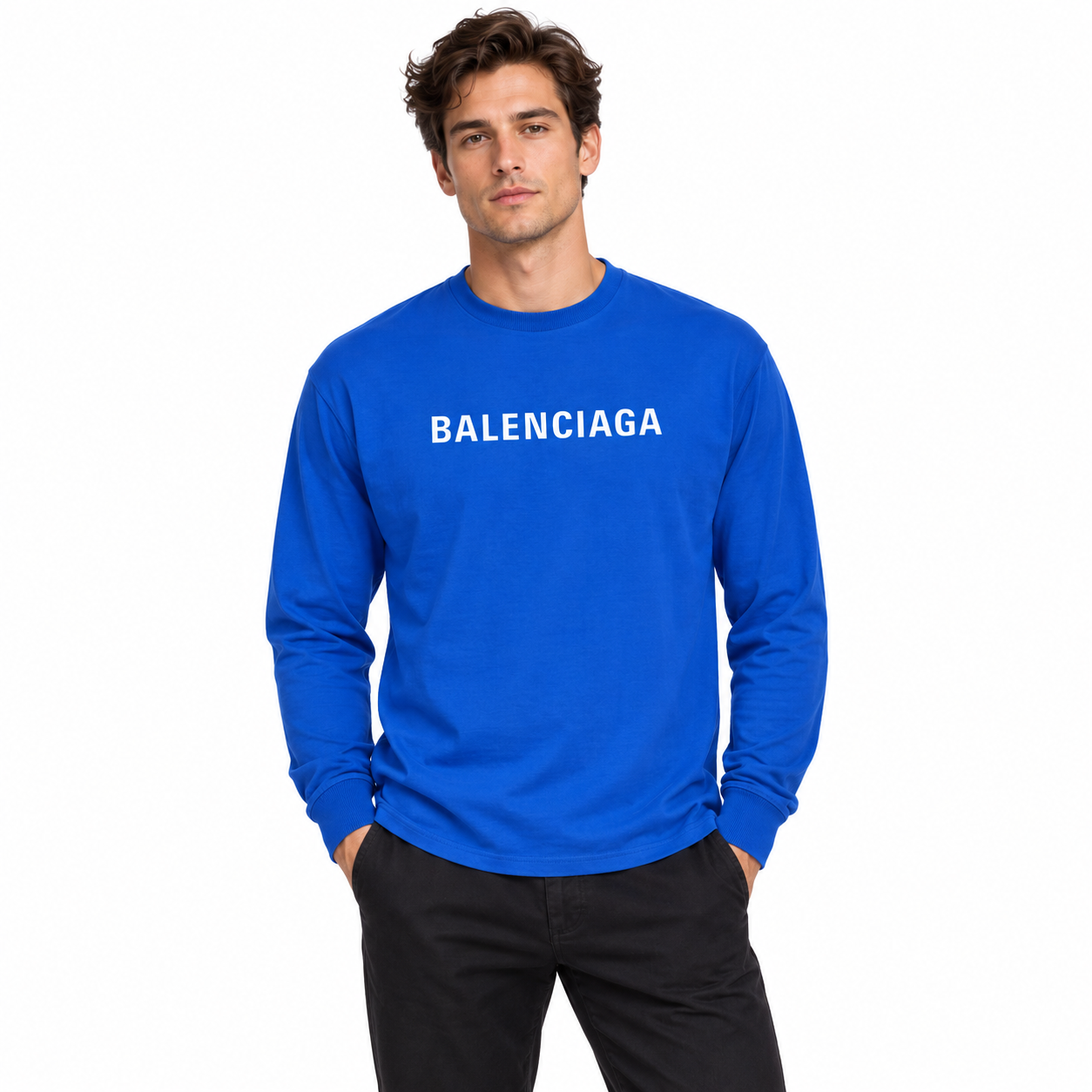 Men's Balenciaga Cotton Long Sleeve T-Shirt in Royal Blue — lifestyle view