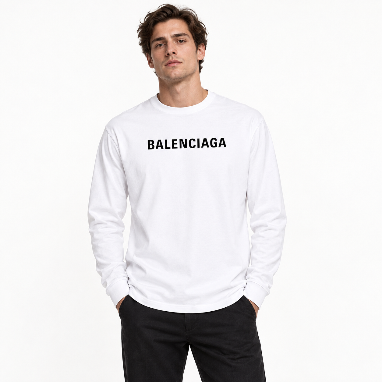 Men's Balenciaga Cotton Long Sleeve T-Shirt in White — lifestyle view
