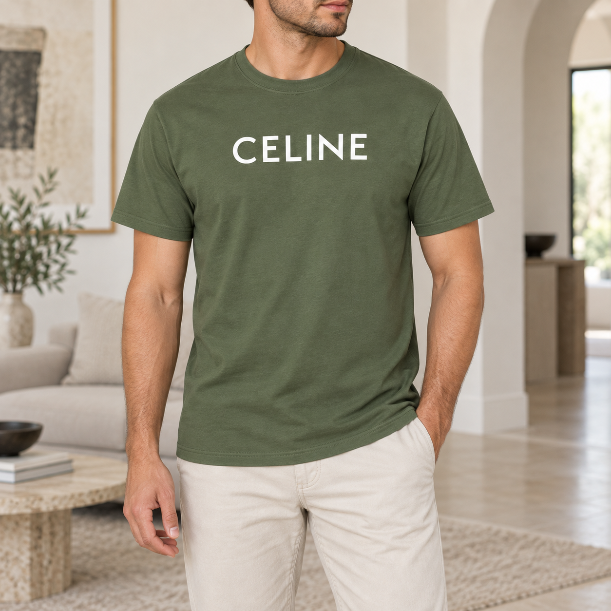 Men's Celine Cotton T-Shirt - Army Green - Image 2