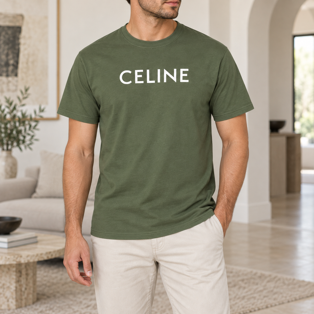 Men's Celine Cotton T-Shirt - Army Green - Image 2