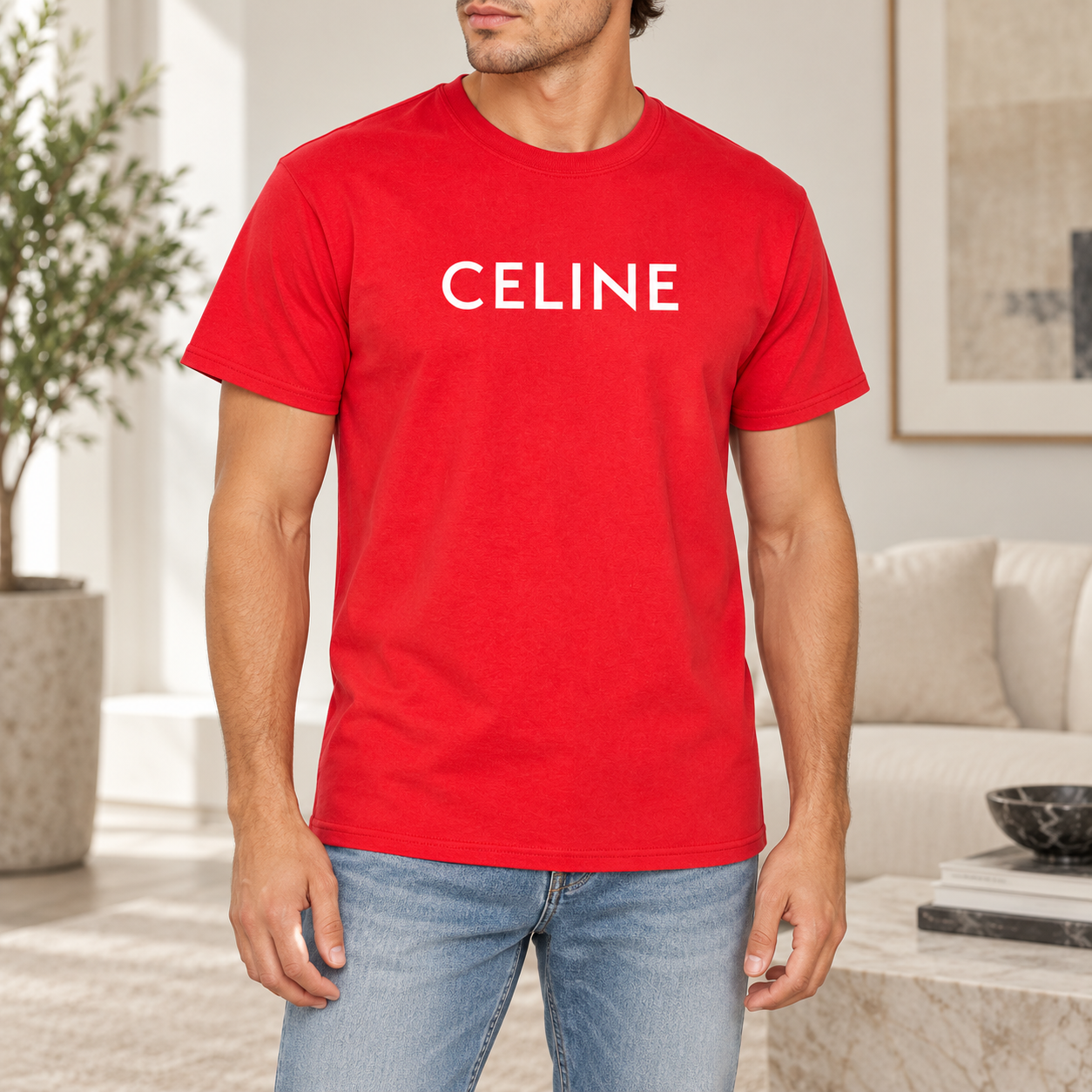 Men's Celine Cotton T-Shirt - Red - Image 2