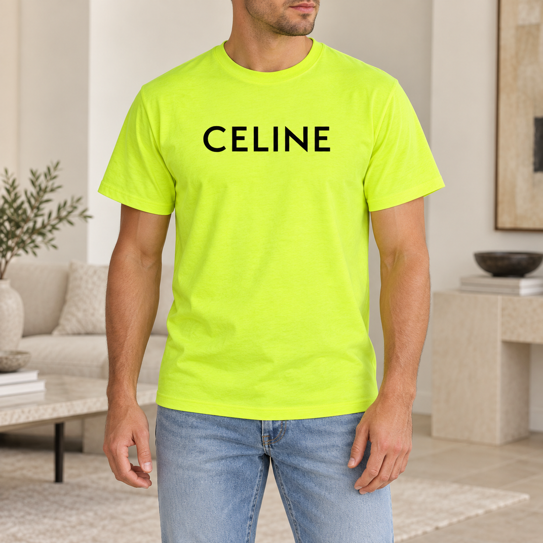 Men's Celine Cotton T-Shirt - Safety Green - Image 2