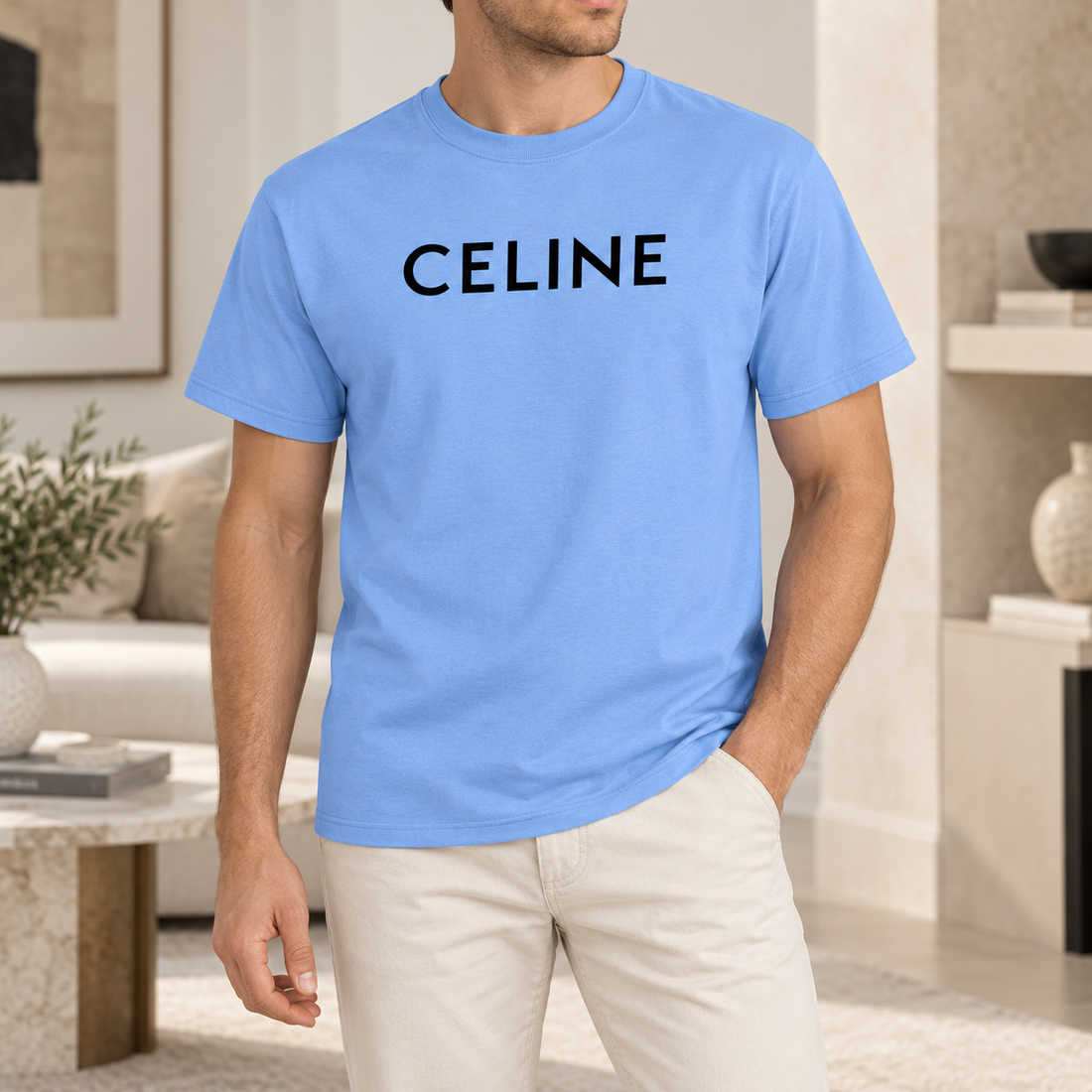 Men's Celine Cotton T-Shirt - Sky Blue - Image 2