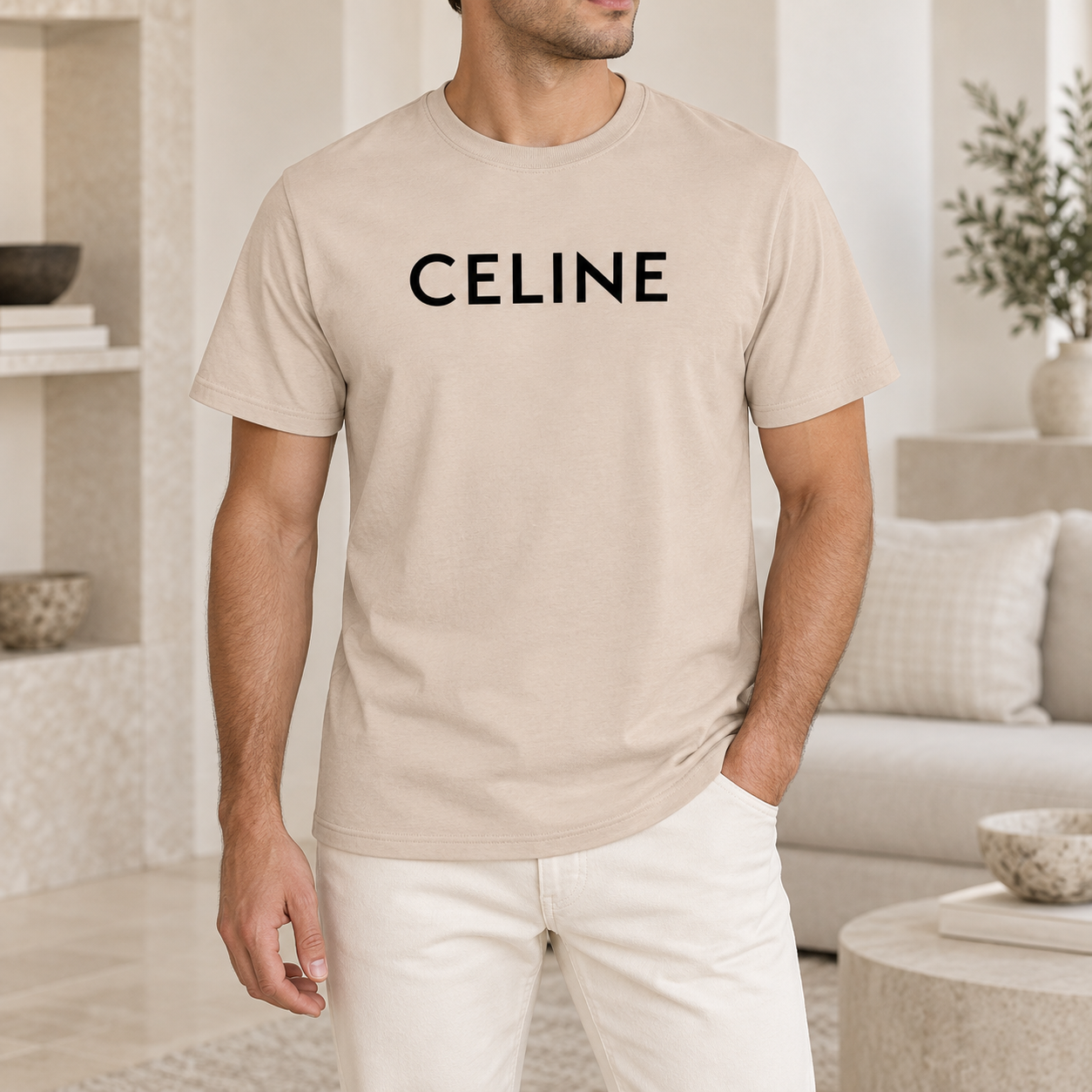Men's Celine Cotton T-Shirt - Tan - Image 2