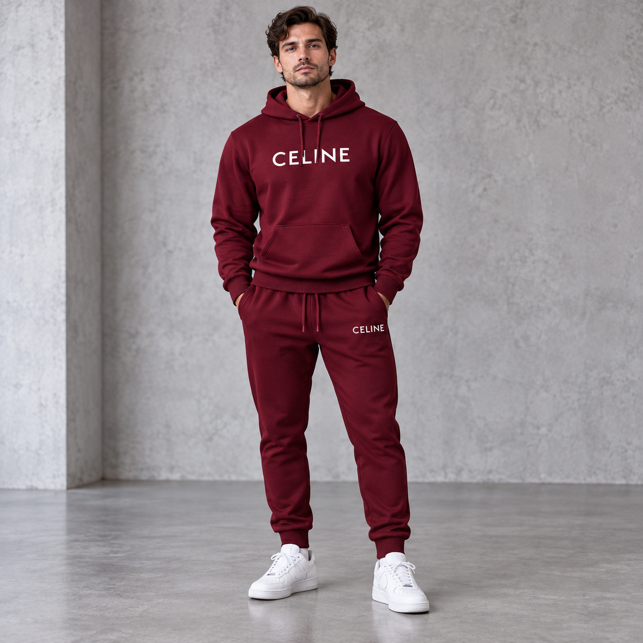 Men's Celine Hoodie Joggers Set - Burgundy - Image 2