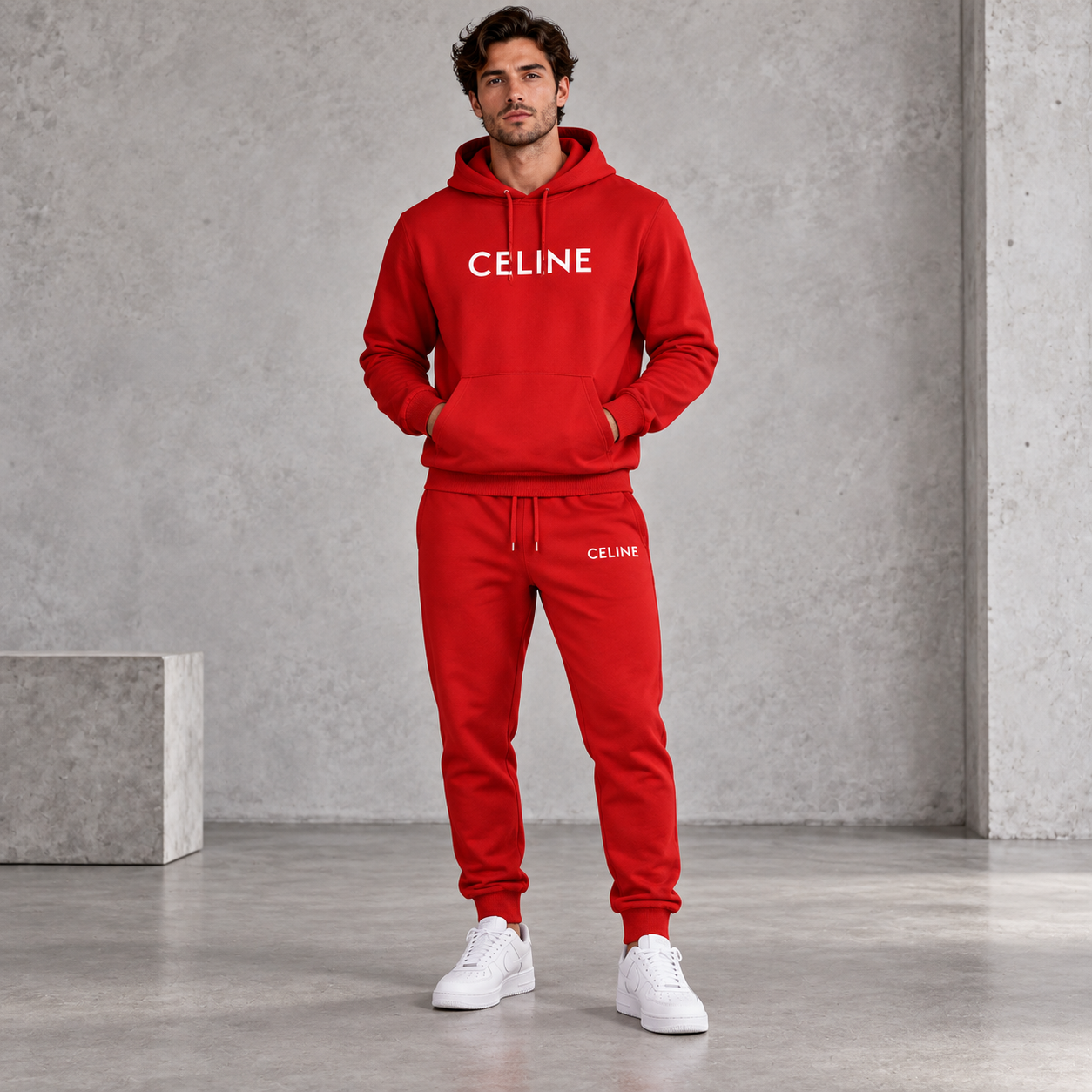 Men's Celine Hoodie Joggers Set - Red - Image 2
