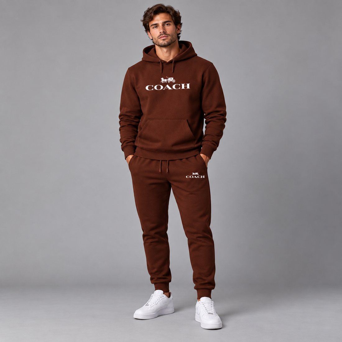 Men's Coach Hoodie Joggers Set | Color: Brown | Image 2