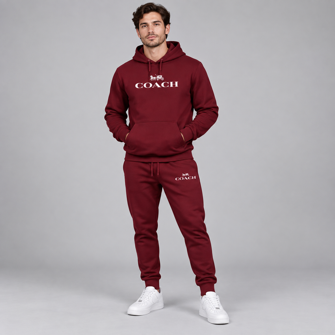 Men's Coach Hoodie Joggers Set | Color: Burgundy | Image 2