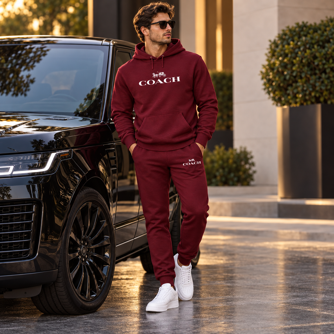Men's Coach Hoodie Joggers Set | Color: Burgundy | Image 4