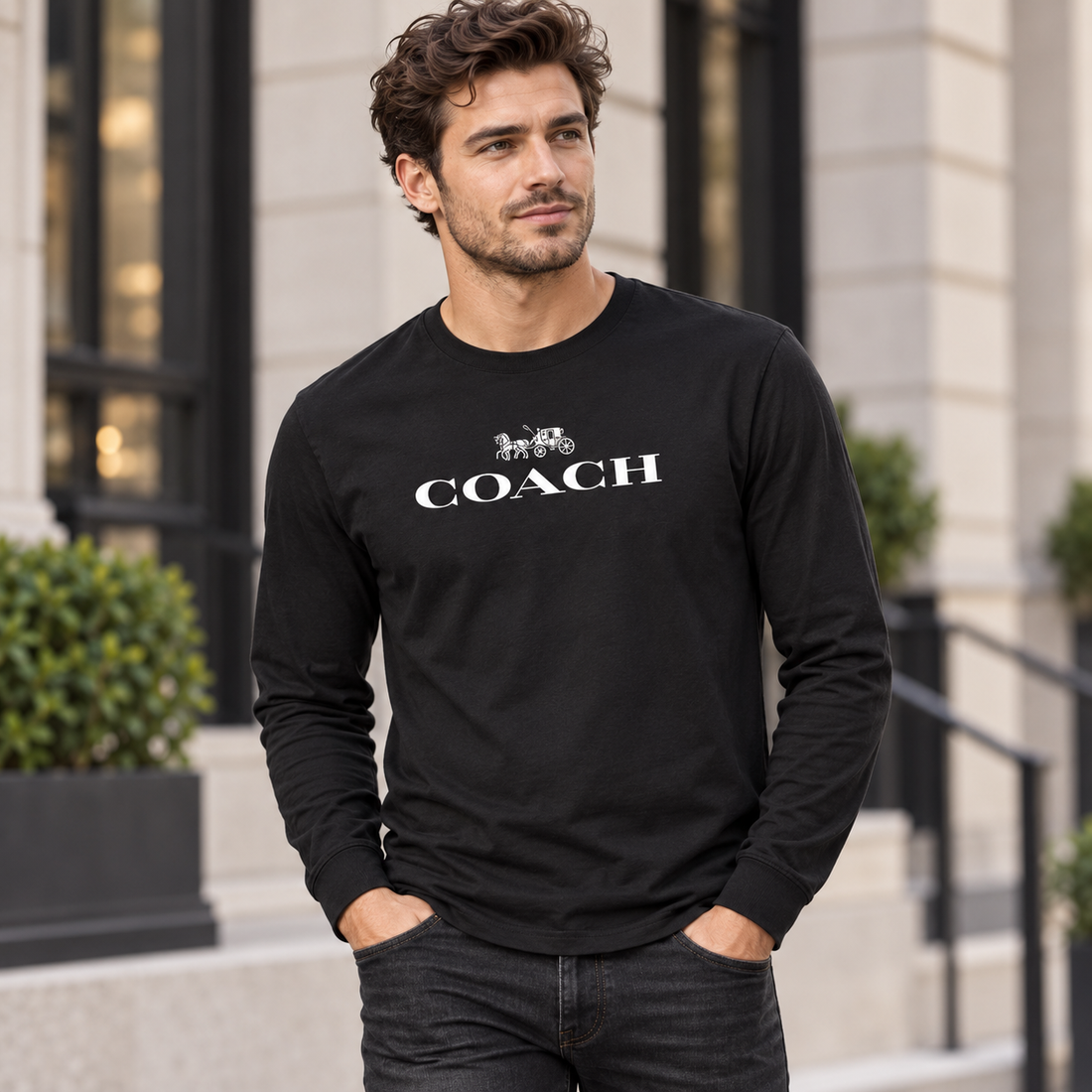 Men's Coach Cotton Long Sleeve T-Shirt - black 2 lifestyle