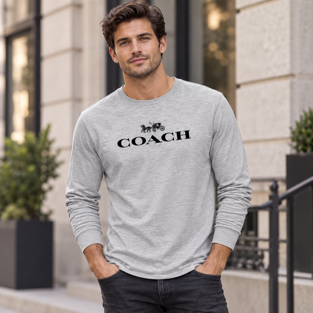 Men's Coach Cotton Long Sleeve T-Shirt - grey 2 lifestyle