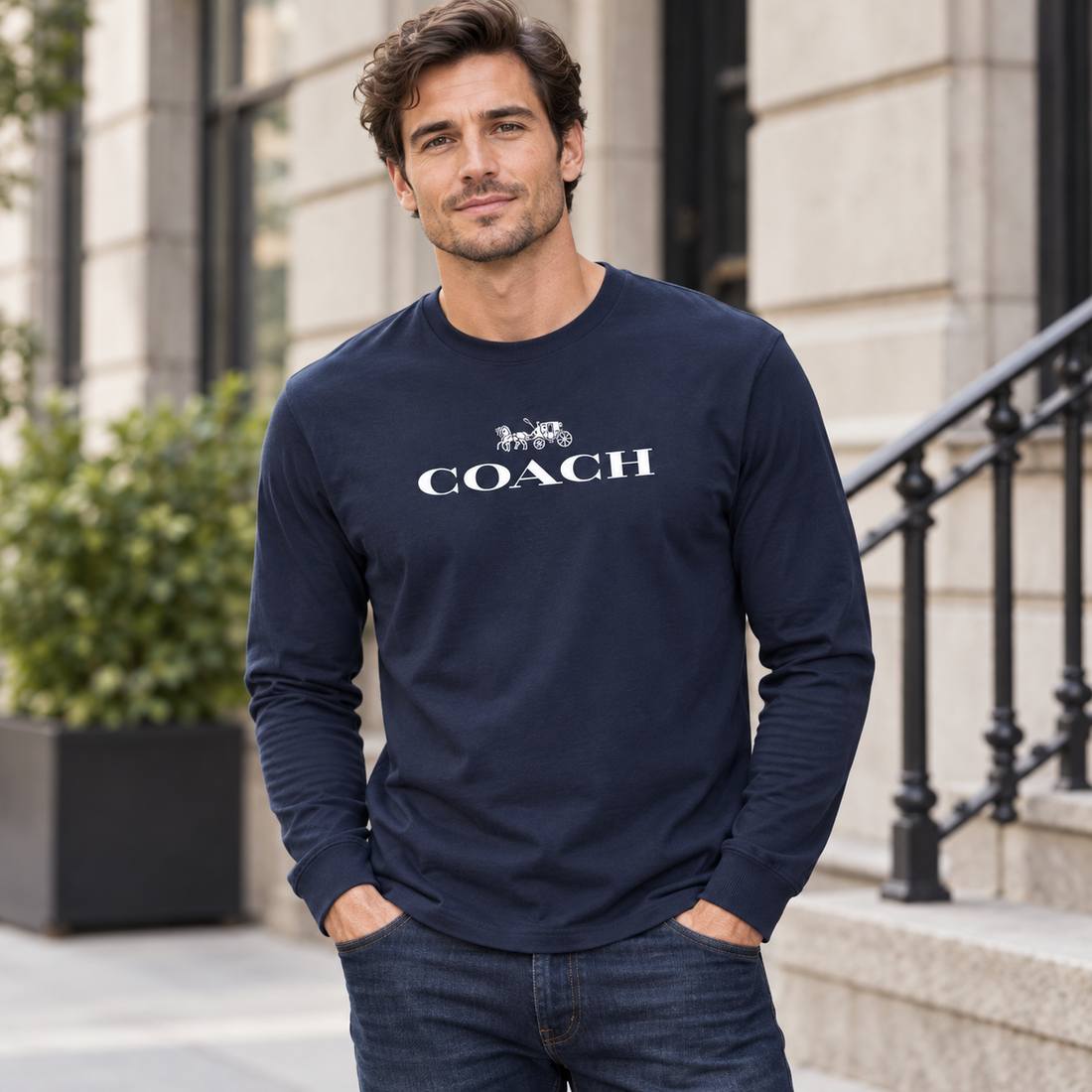 Men's Coach Cotton Long Sleeve T-Shirt - navy 2 lifestyle