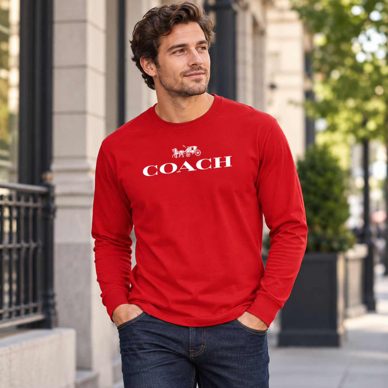 Men's Coach Cotton Long Sleeve T-Shirt - red 2 lifestyle