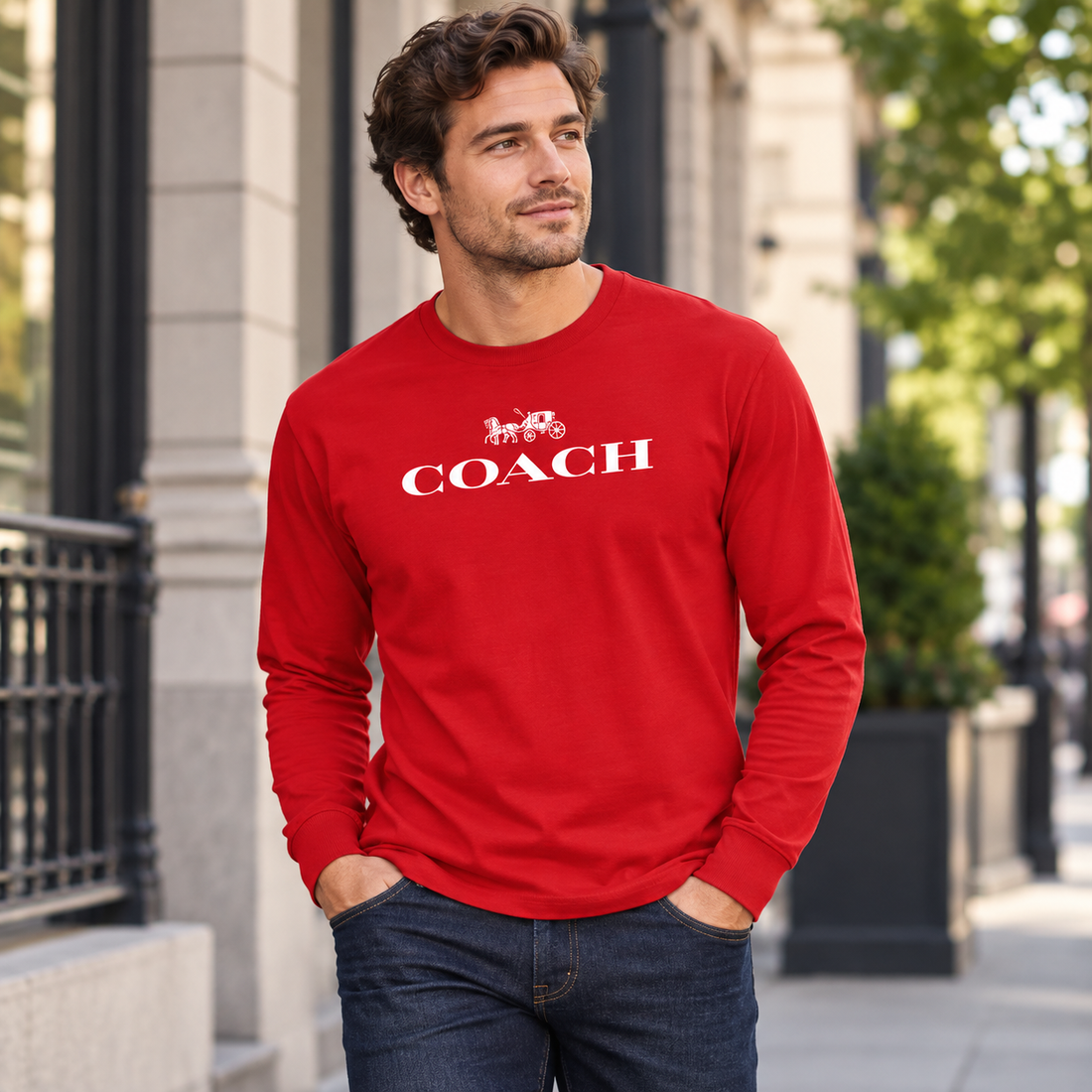 Men's Coach Cotton Long Sleeve T-Shirt - red 2 lifestyle