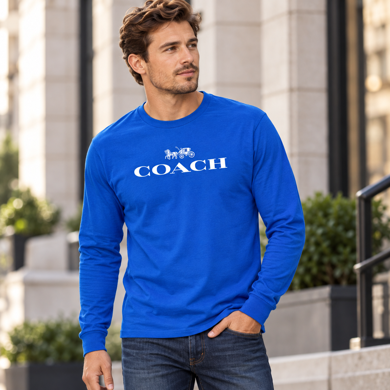 Men's Coach Cotton Long Sleeve T-Shirt - royal blue 2 lifestyle