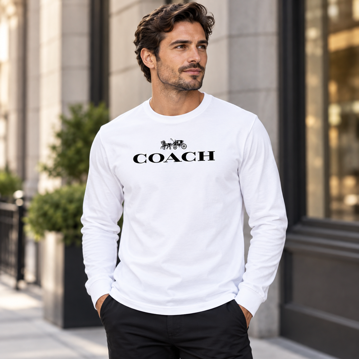 Men's Coach Cotton Long Sleeve T-Shirt - white 2 lifestyle