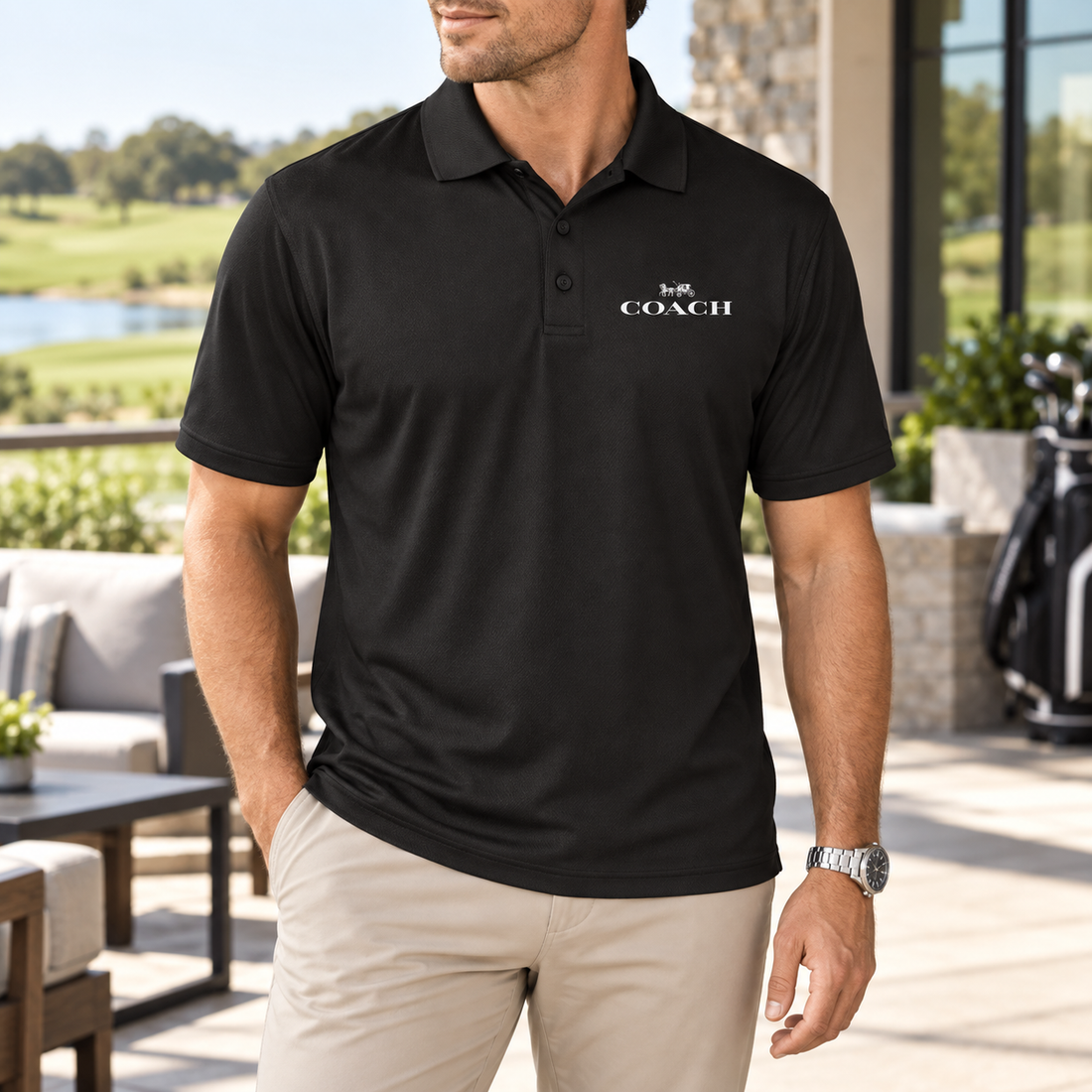 Men's Coach Polyester Polo - Black - Image 2