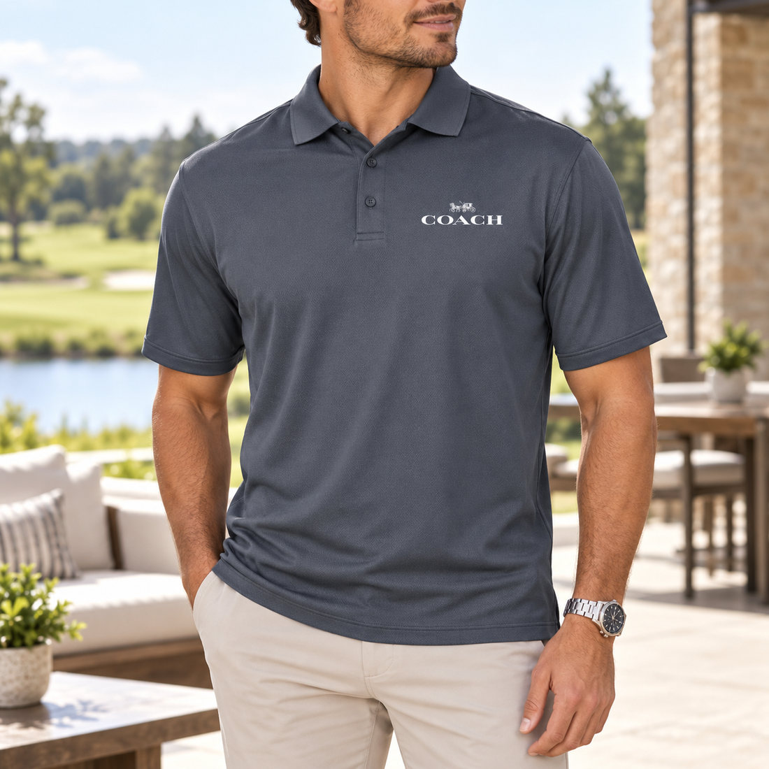 Men's Coach Polyester Polo - Charcoal - Image 2