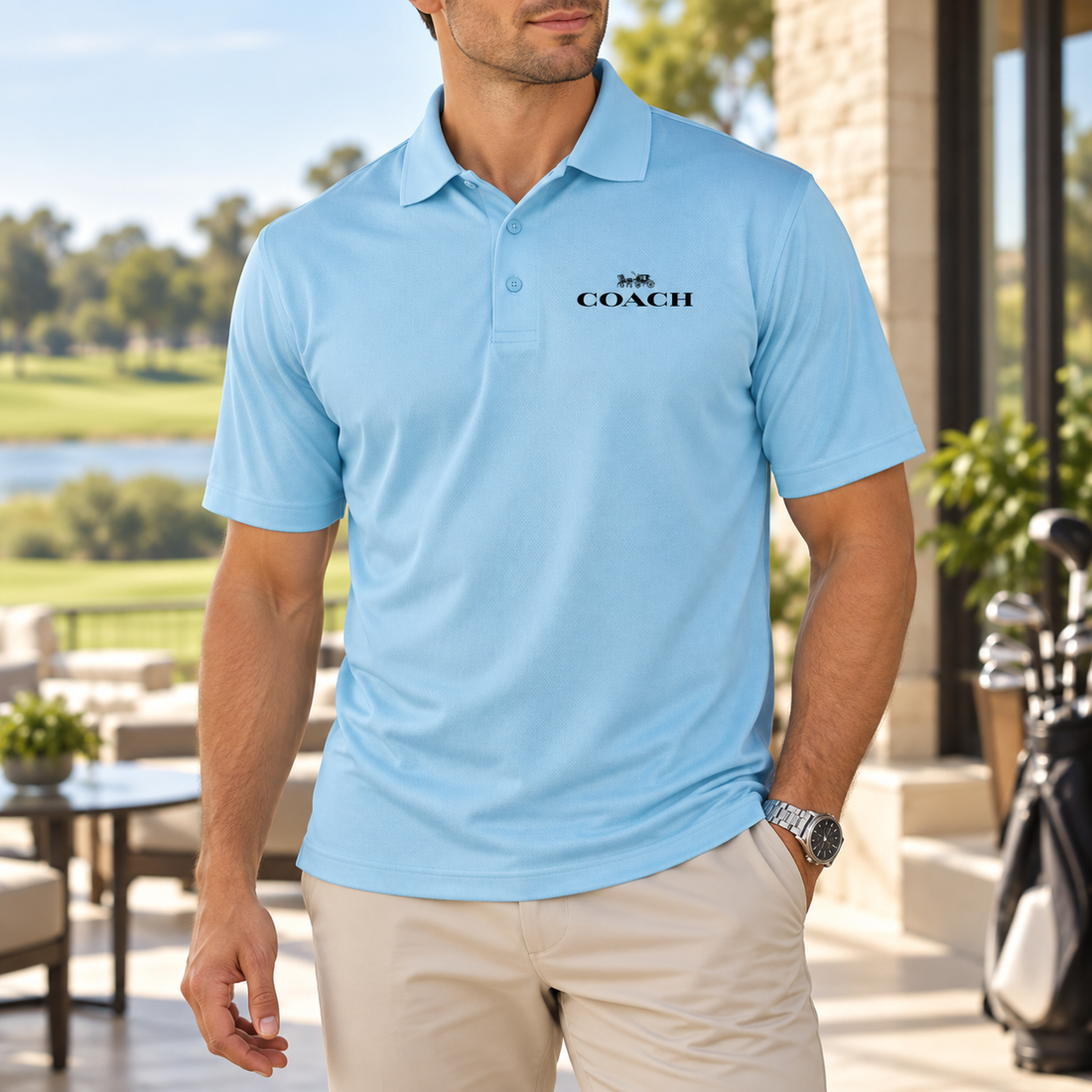 Men's Coach Polyester Polo - Sky Blue - Image 2