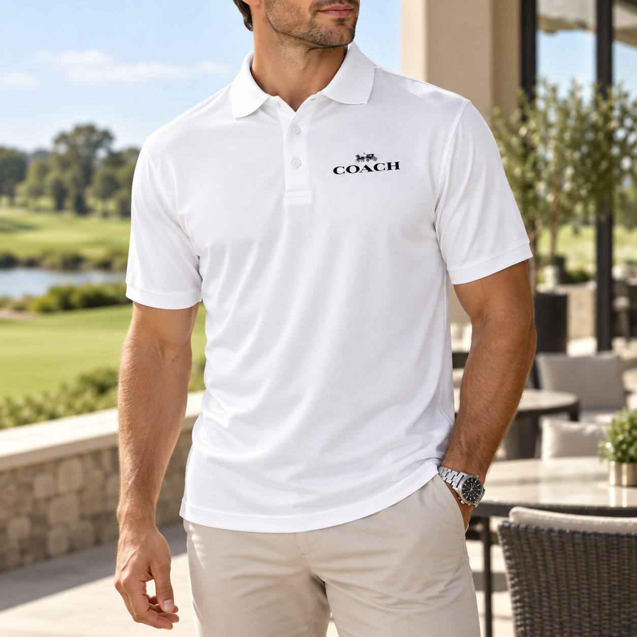 Men's Coach Polyester Polo - White - Image 2