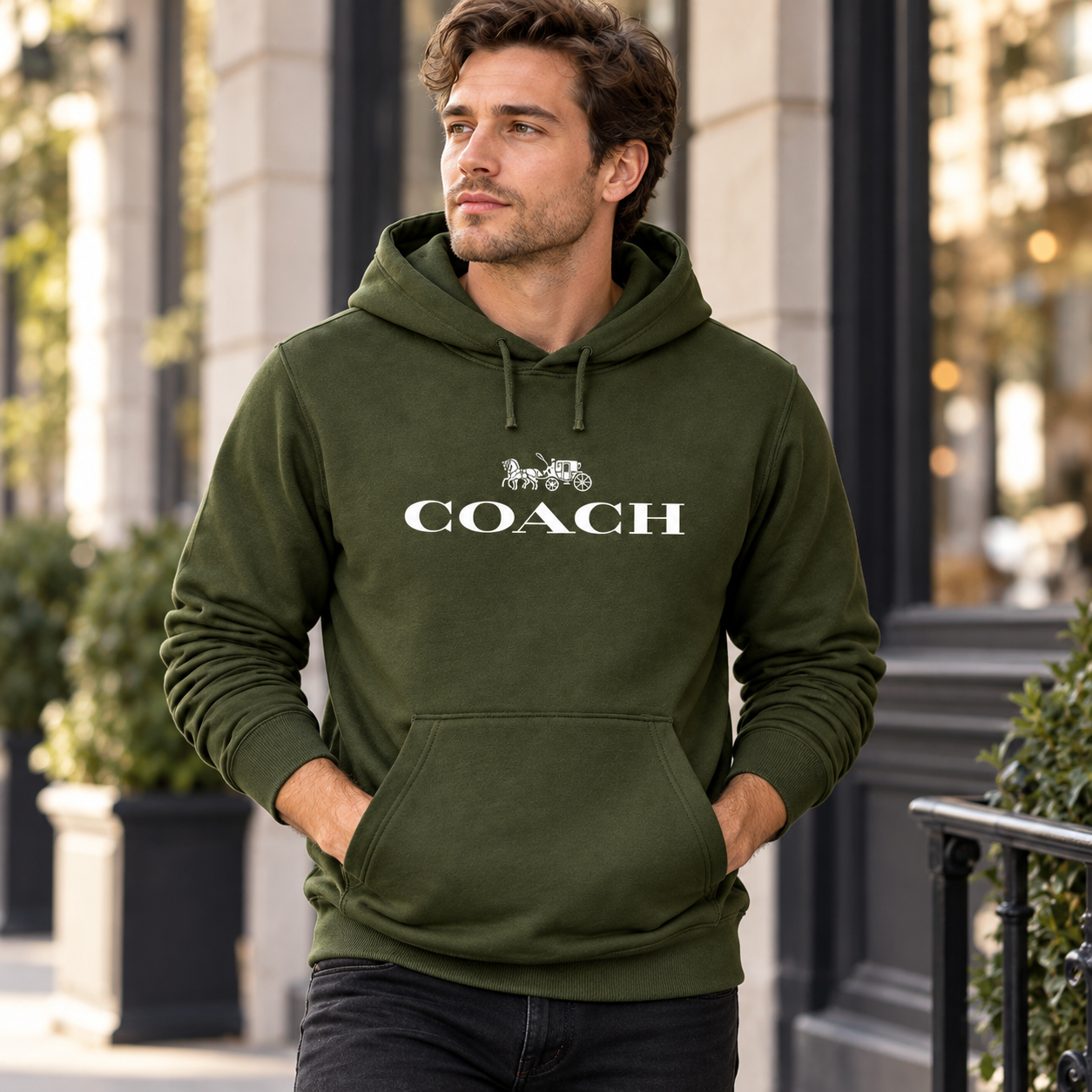 Men's Coach Pullover Hoodie in Army Green – lifestyle