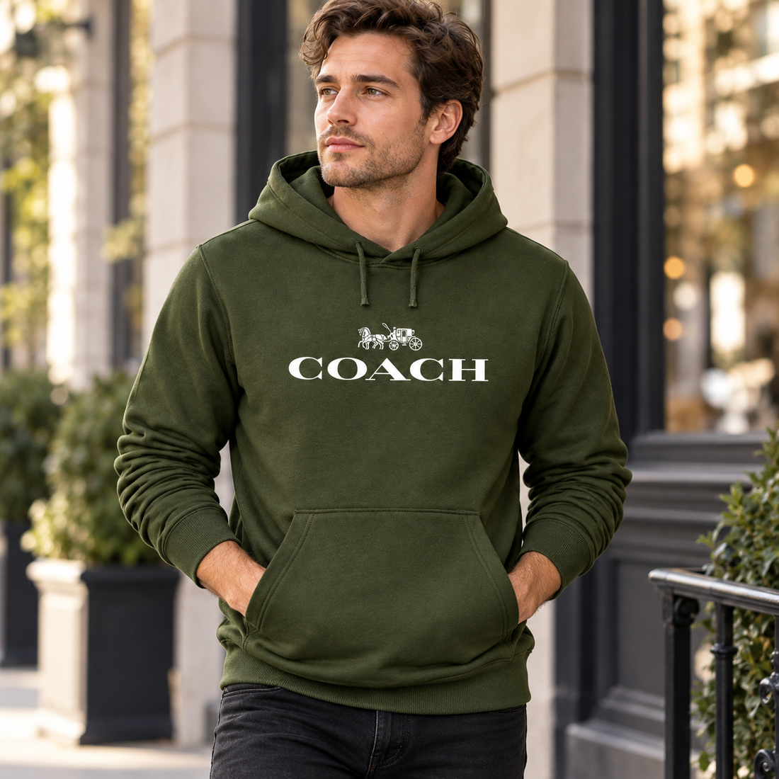 Men's Coach Pullover Hoodie in Army Green – lifestyle