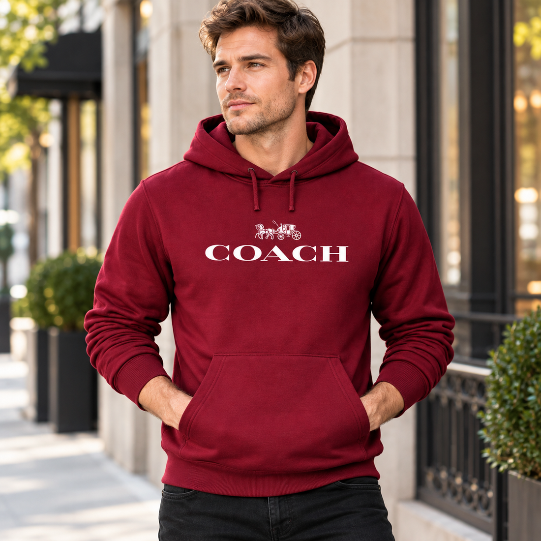 Men's Coach Pullover Hoodie in Burgundy – lifestyle