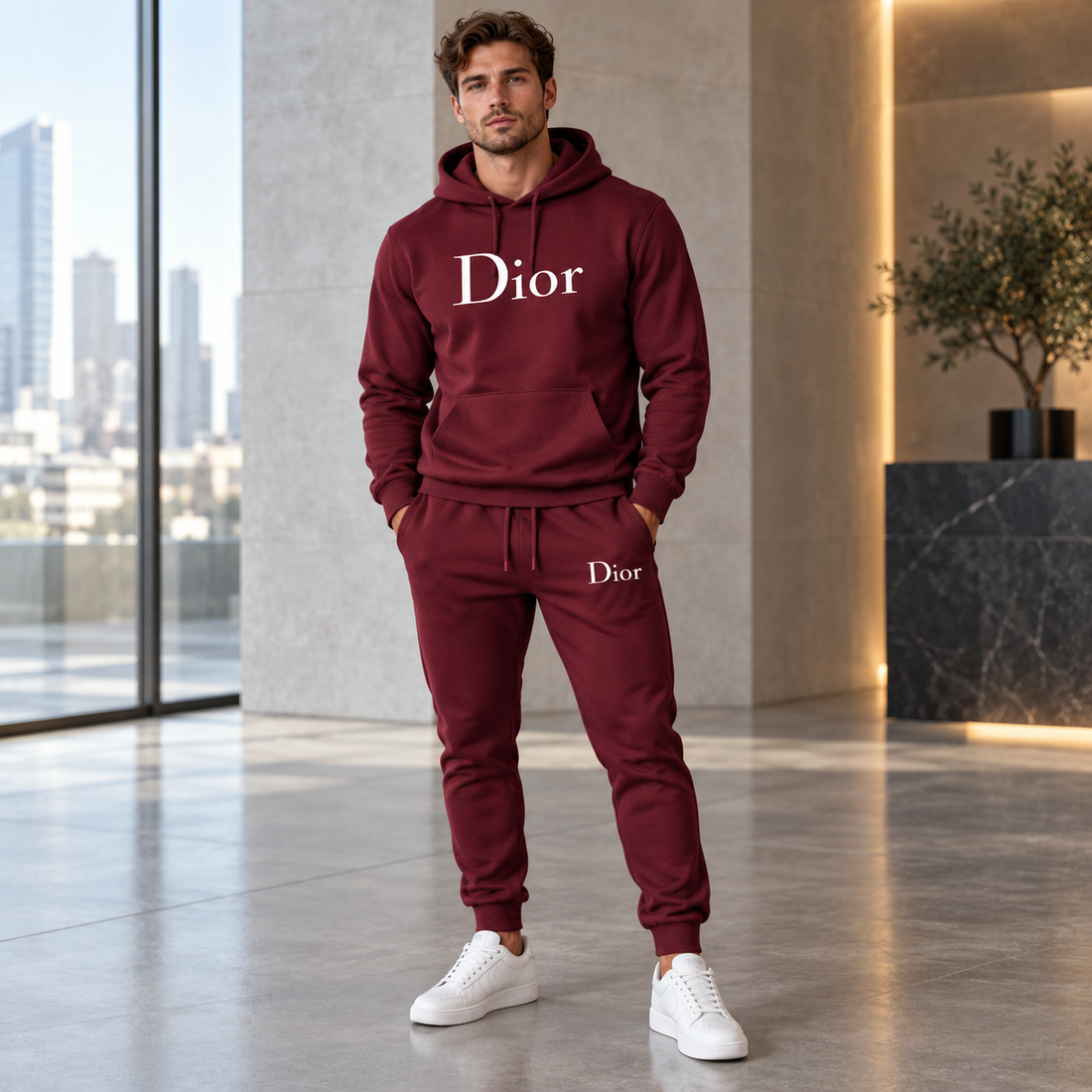 Men's Dior Hoodie Joggers Set - Burgundy - Image 2