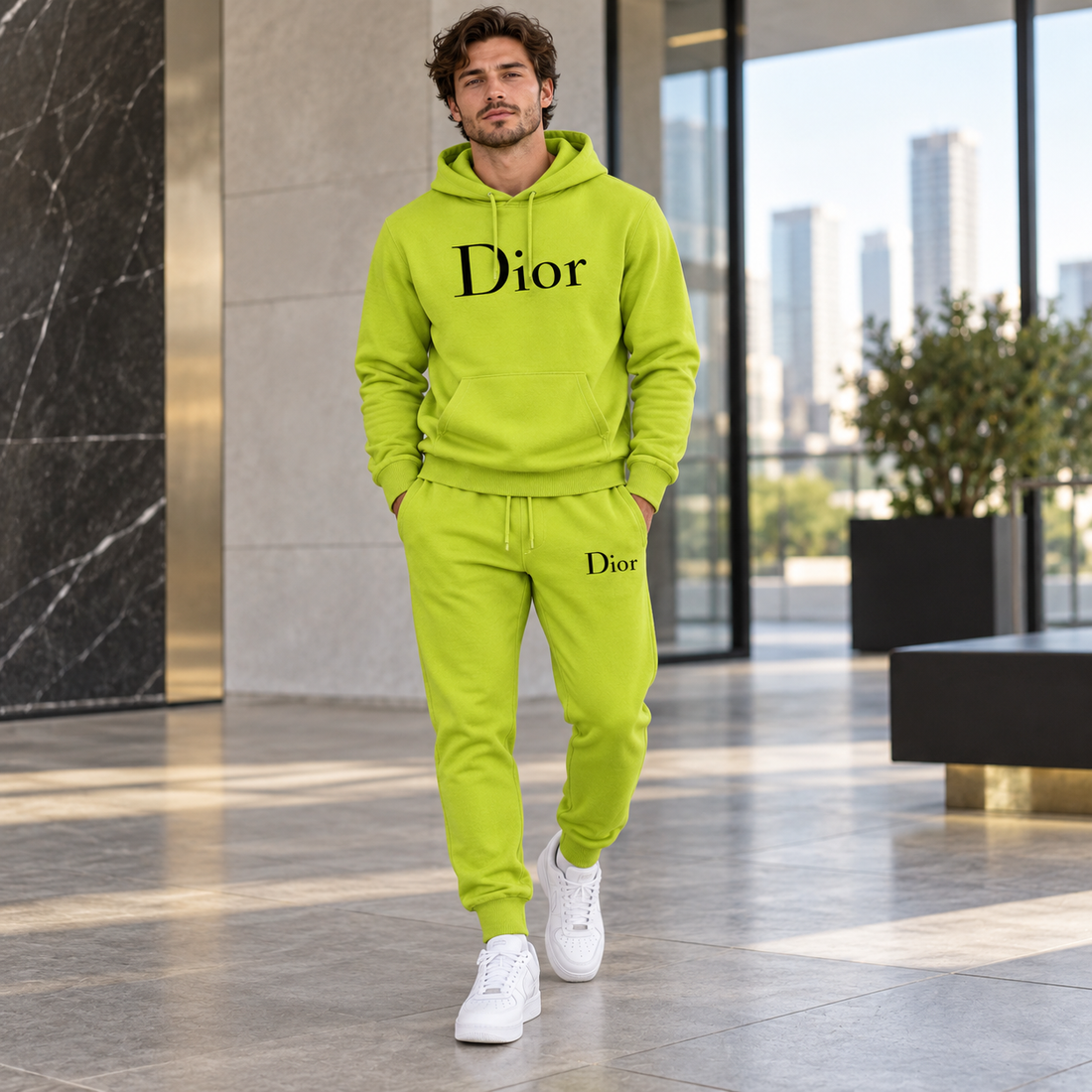 Men's Dior Hoodie Joggers Set - Lime Green - Image 2