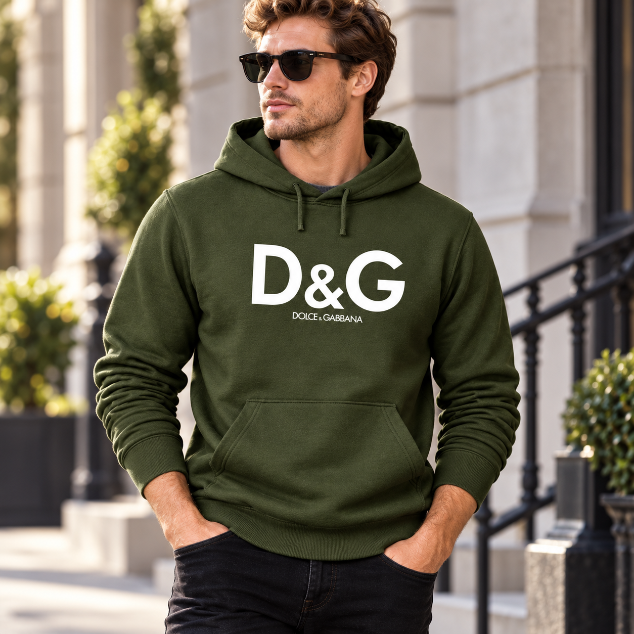 Men's Dolce and Gabbana Pullover Hoodie in Army Green – lifestyle