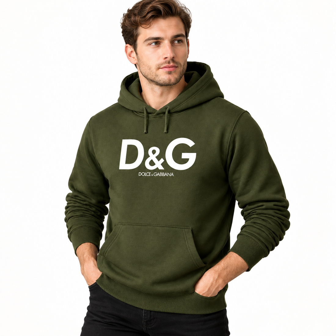 Men's Dolce and Gabbana Pullover Hoodie in Army Green – alternate angle