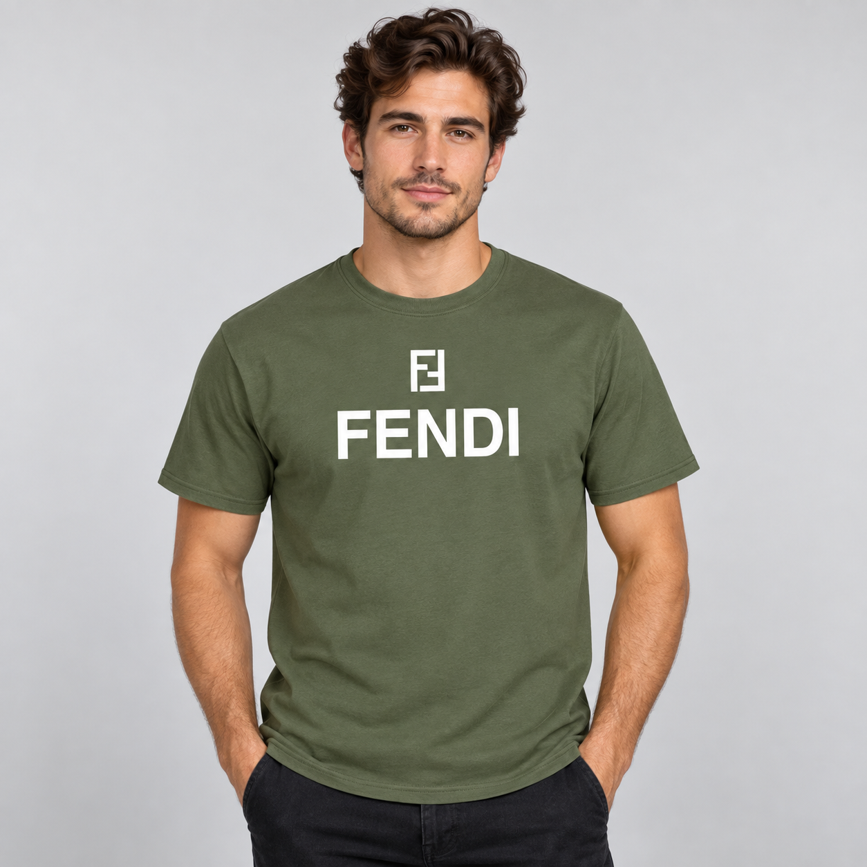 Men's Fendi Cotton T-Shirt | Color: Army Green | Image 2