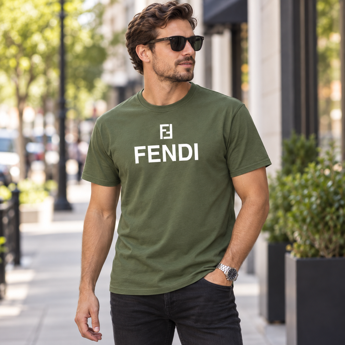 Men's Fendi Cotton T-Shirt | Color: Army Green | Image 3