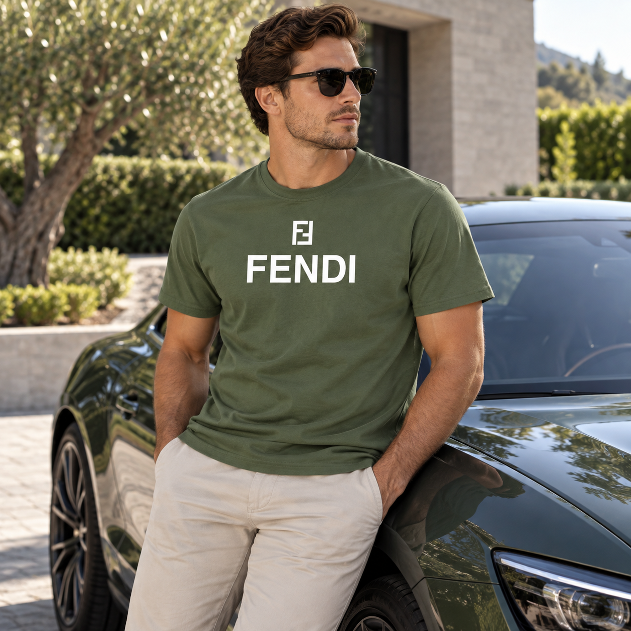 Men's Fendi Cotton T-Shirt | Color: Army Green | Image 4