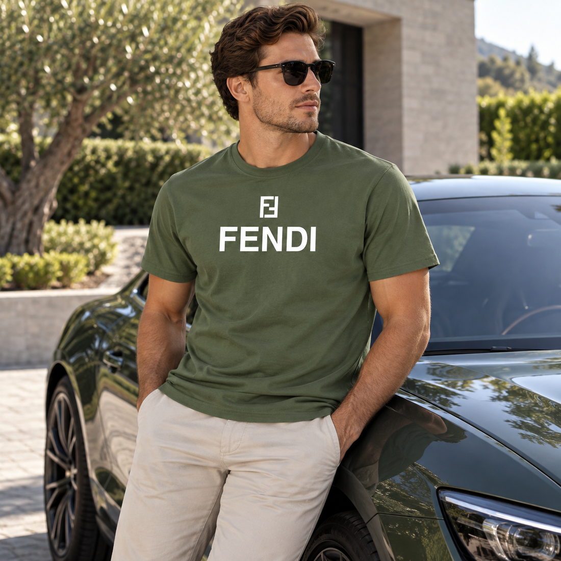 Men's Fendi Cotton T-Shirt | Color: Army Green | Image 4