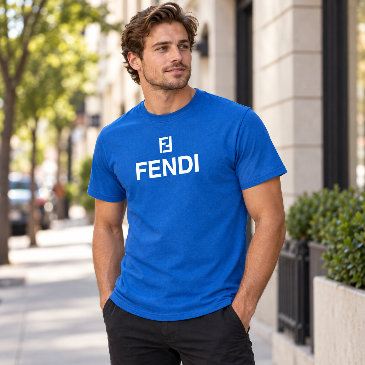 Men's Fendi Cotton T-Shirt | Color: Blue | Image 3
