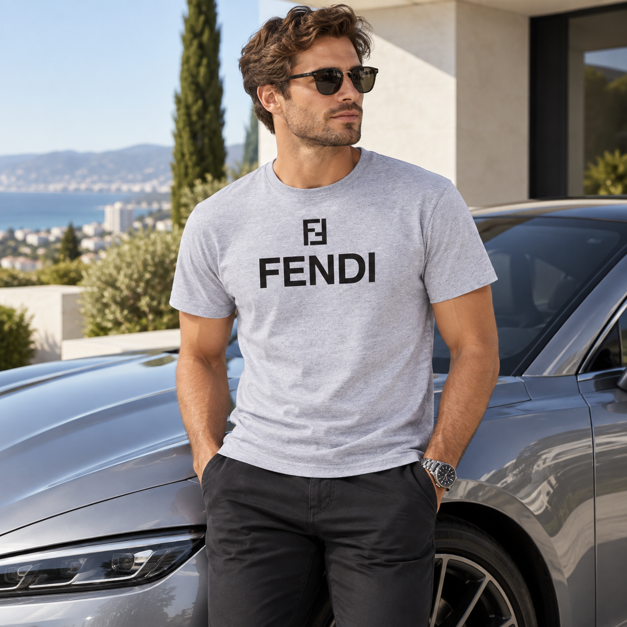 Men's Fendi Cotton T-Shirt | Color: Grey | Image 4