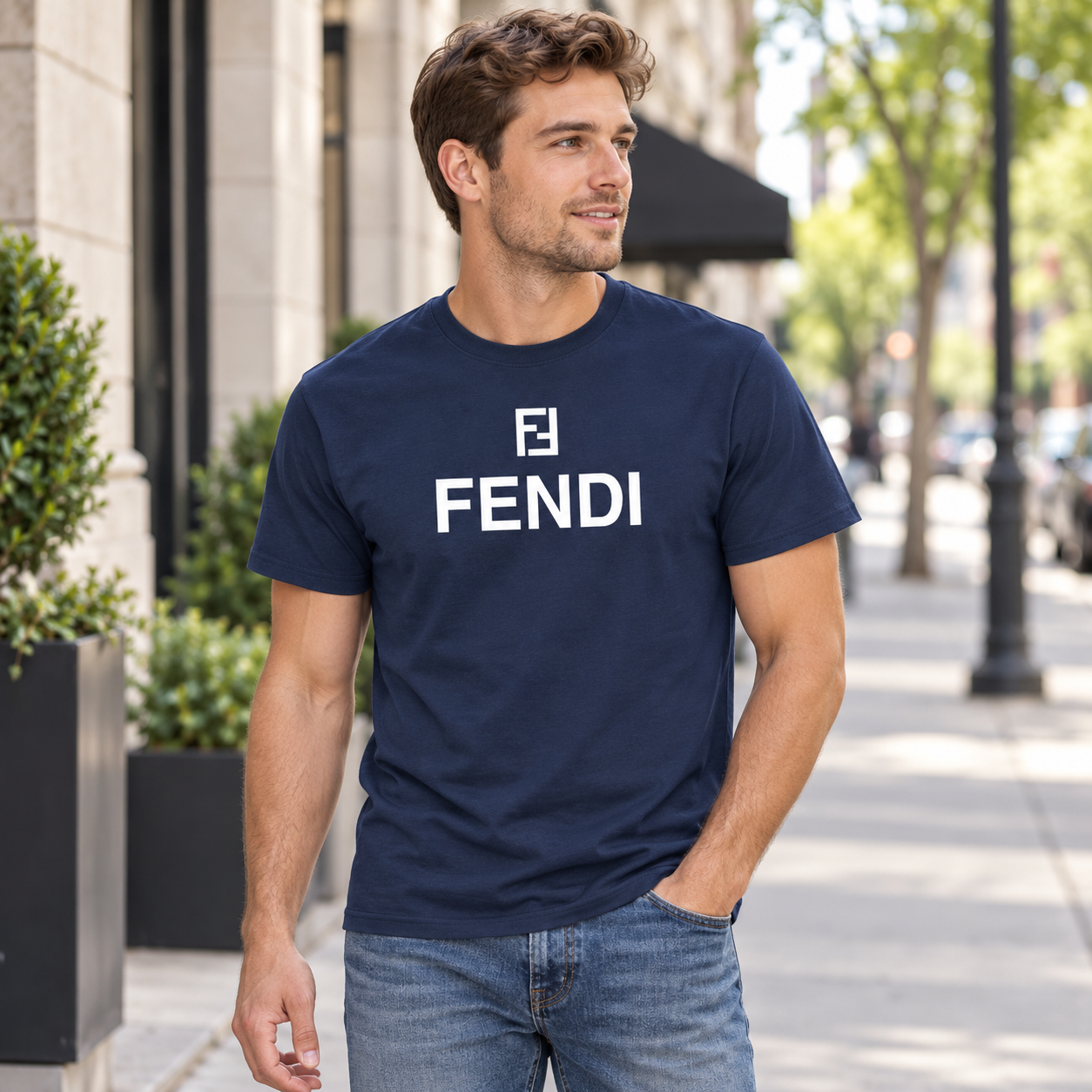 Men's Fendi Cotton T-Shirt | Color: Navy | Image 3