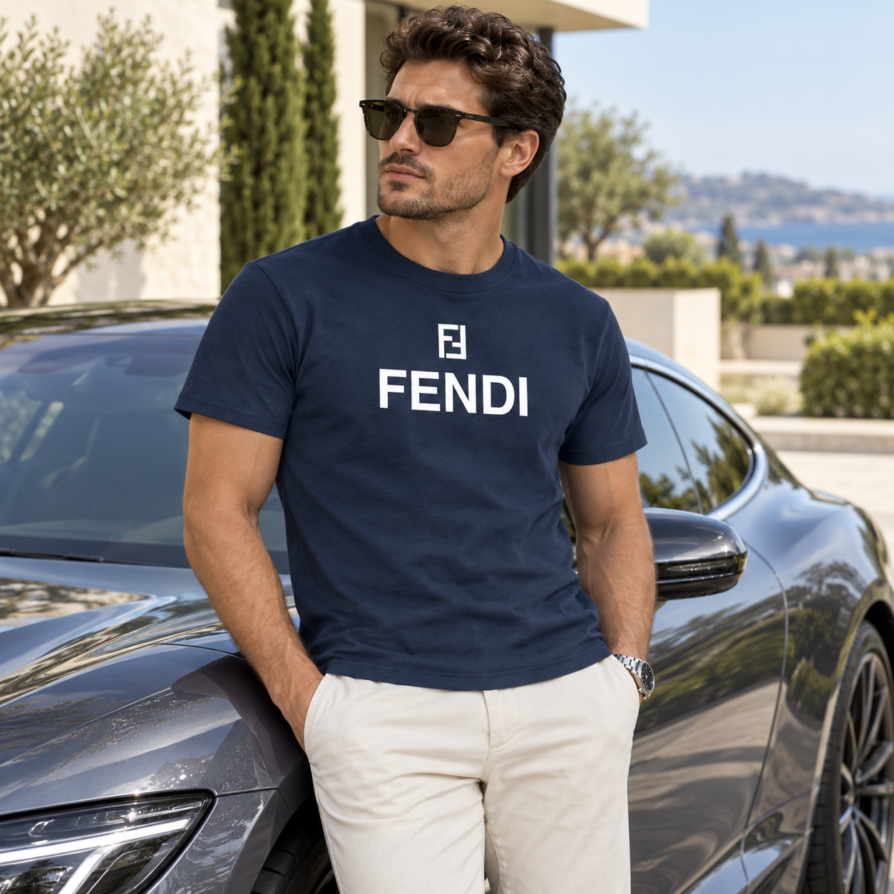 Men's Fendi Cotton T-Shirt | Color: Navy | Image 4