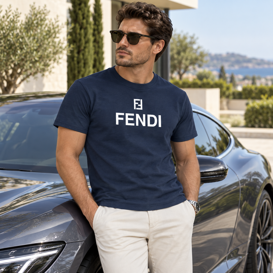 Men's Fendi Cotton T-Shirt | Color: Navy | Image 4