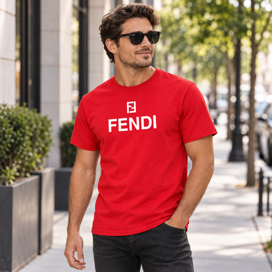 Men's Fendi Cotton T-Shirt | Color: Red | Image 3